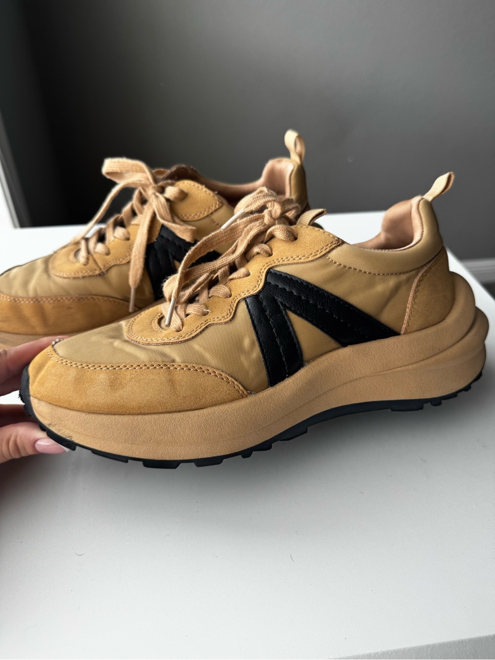 Tan Casual Lace-Up Sneakers with Black Accent - Picture 5 of 9